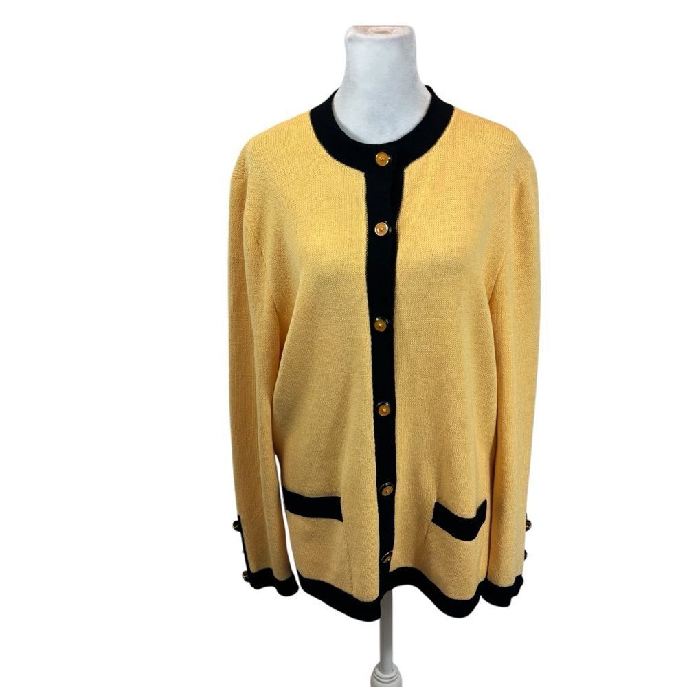 Ladies St. John Brand Yellow and Black Button Front Cardigan Size 12